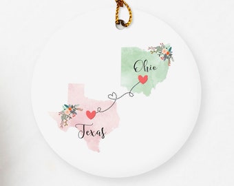 Texas Ohio Ornament / DOUBLE SIDED Ornament / Texas Christmas Ornament / Missing You Gift / Ohio Hostess Gift