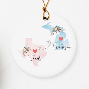 Texas Michigan Ornament / DOUBLE SIDED Ornament / Texas Christmas Ornament / Missing You Gift / Michigan Hostess Gift