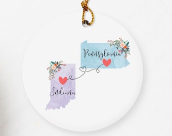 Indiana Pennsylvania Ornament / DOUBLE SIDED Ornament / Indiana Christmas Ornament / Missing You Gift / Pennsylvania Hostess Gift