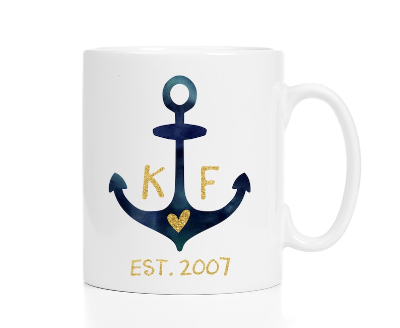Custom Wedding Mug / Personalized Wedding Gift / Custom Anniversary Mug / Anchor Mug / Nautical Wedding Gift / Valentine's Gift image 1