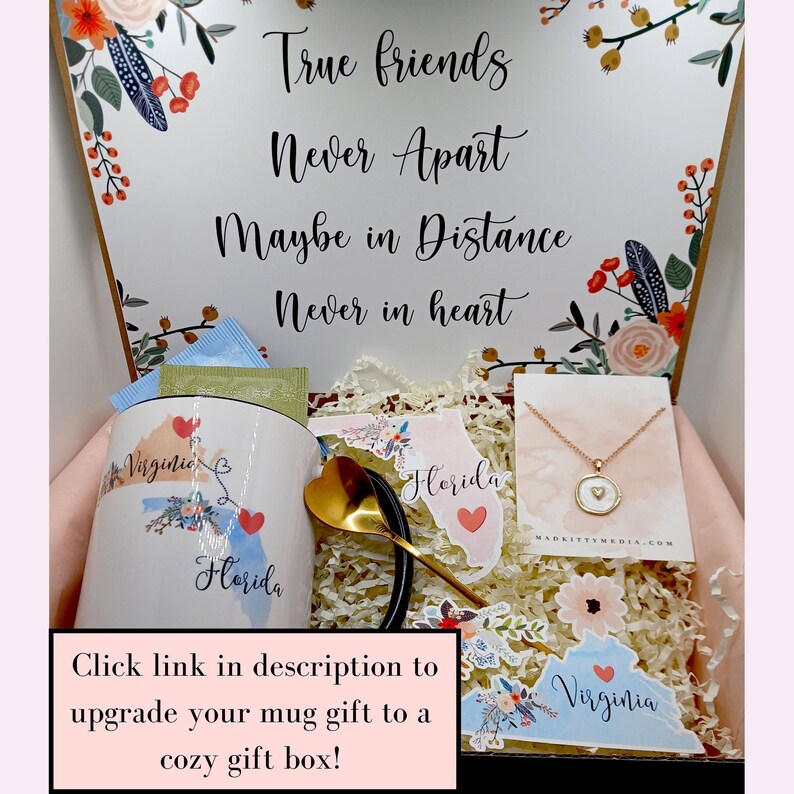 a gift box containing a mug, a necklace, and some other items, with a decorative floral border. The text on the gift box reads "True friends never apart, maybe in distance, never in heart".