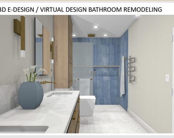 May include: A 3D rendering of a bathroom remodel with a white vanity, double sinks, and a blue tiled shower. The bathroom has a light beige color scheme and a white door.