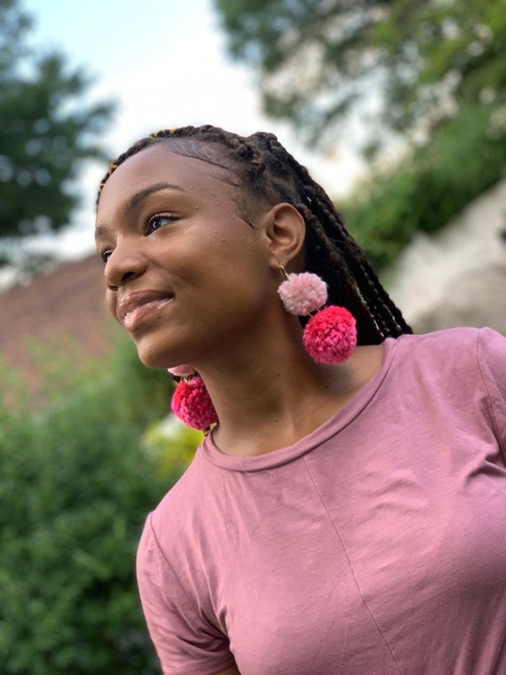 Double Pom pom earrings, handmade, dangle, drop earring, Pink and Fuschia