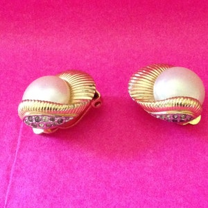 Earrings-MidCentury-Simulated Mobe Pearl-Rhinestones-Gold Tone Rhodium Setting-Marked Pat. #-Christmas Gift-Birthday Gift-Christmas Party