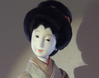 Antique Geisha Doll: Meiji Era Kyoto Bijin Gofun Ningyou, Silk Kimono