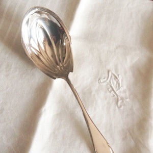 Large Antique Silver Plate Casserole Berry Spoon Large Repousse Bowl Floral Handle 9 inches Early 20th c. Art Noveau