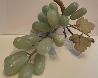 Antique Carved Celedon Green Jade Grape Sculpture: Qing Dynasty Victorian Display