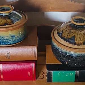 Puede incluir: Dos tarros de cerámica con tapa y diseños de hojas, en tonos azules, marrones y beiges. Los tarros están colocados sobre libros antiguos con tapas marrones y rojas. Los tarros están sobre una silla de madera.