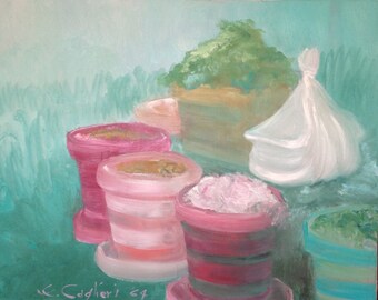 Mid-Century Flower Pot Painting: Signed Impressionist Oil on Canvas, 1964