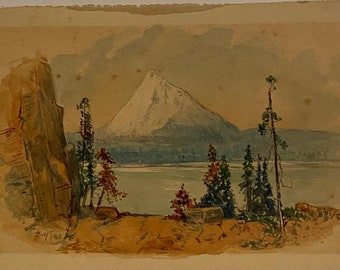 Mt. Hood, Oregon Silk Screen Print of Original Late 19th c. Painting f Washington State Side of Columbia River Titled in Print LL Y UEs'T 92