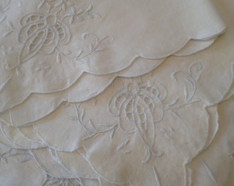 Antique Hand Embroidered Linen Placemats & Napkins: Scalloped Drawnwork