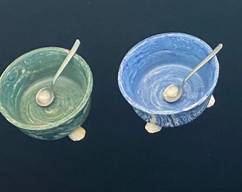 Swirl Glazed Ceramic Salt Cellars with Spoons, Hugo Pott Germany
