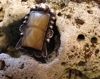 Antique Mexican Sterling Silver Jade Mayan Mask Ring - Size 5