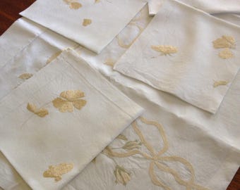 Antique Society Silk Embroidered Tablecloth & Serviettes: Art Nouveau Roses, Butterflies