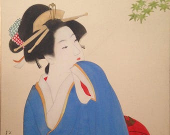 Japanese Artist Uemura-Shoen-1875-1949-Sign-Seal-Silk-Screen-Print-Shikishi-Board-Geisha-Famous-Japanese-Female-Artist-Orig-Frame-e 20th c.
