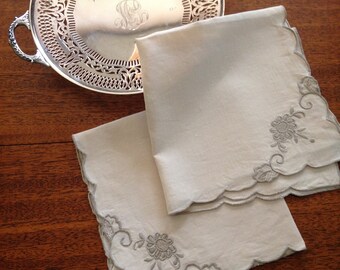 Madeira Linen Napkins, Taupe Floral Embroidery, Hand-Stitched Scalloped Edge