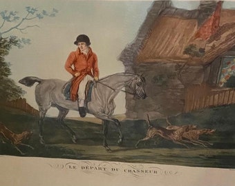 Antique Aquatint Etching: Le Depart du Chasseur After Carl Vernet