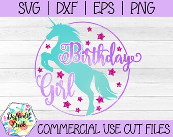 May include: Purple and teal birthday girl design featuring a unicorn with stars. The text "Birthday Girl" is written in a purple script font.