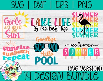 May include: A set of 14 summer-themed SVG designs, including phrases like "Girls Just Wanna Have Sun", "Lake Life is the Best Life", "Sunrise Sunburn Repeat", "Goodbye School Hello Pool", "Welcome Summer", and "Summer" repeated five times with a flamingo illustration.