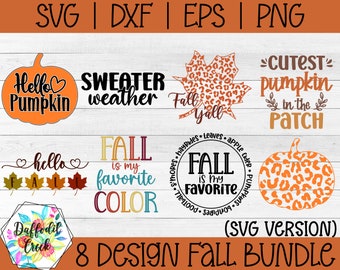 Pode incluir: Um conjunto de oito designs SVG com tema de outono para artesanato e projetos digitais. Os designs incluem uma abóbora, uma folha e texto que diz "Hello Pumpkin", "Sweater Weather", "Fall Y'all", "Cutest Pumpkin in the Patch", "Hello Fall", "Fall is my Favorite Color" e "Fall is my Favorite".
