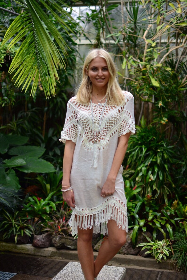 Fringed cream crochet dress | Etsy