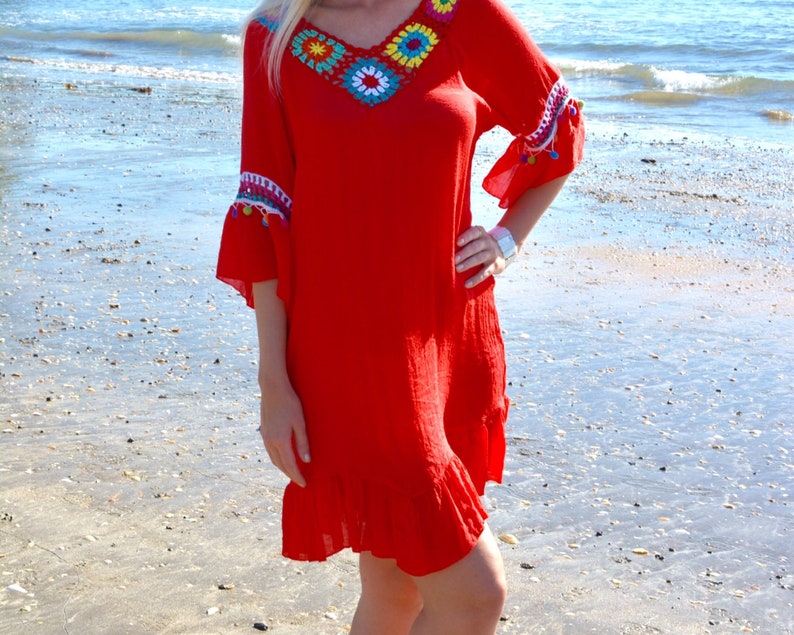 RED CROCHET DRESS beach kaftan style coverup with multi colour trim