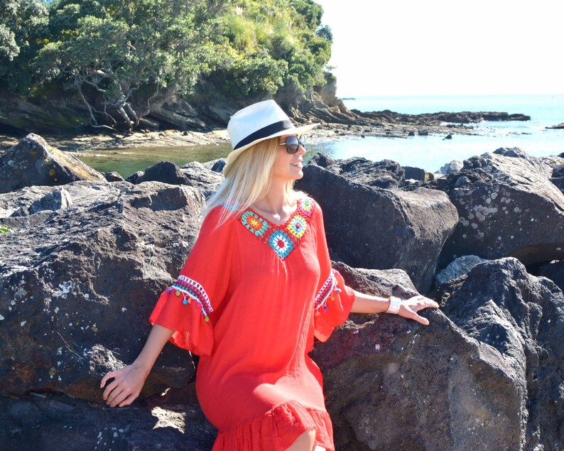 RED CROCHET DRESS beach kaftan style coverup with multi colour trim