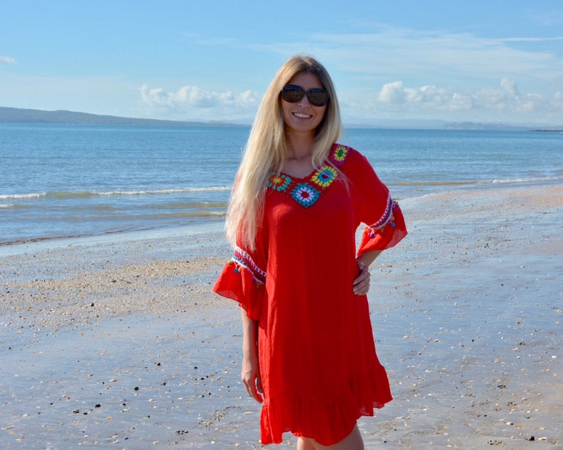 RED CROCHET DRESS beach kaftan style coverup with multi colour trim