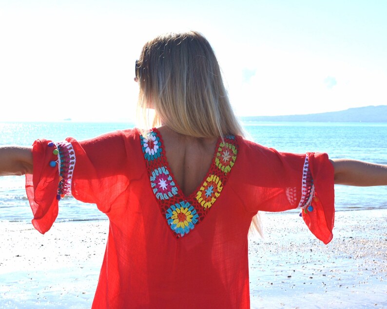RED CROCHET DRESS beach kaftan style coverup with multi colour trim