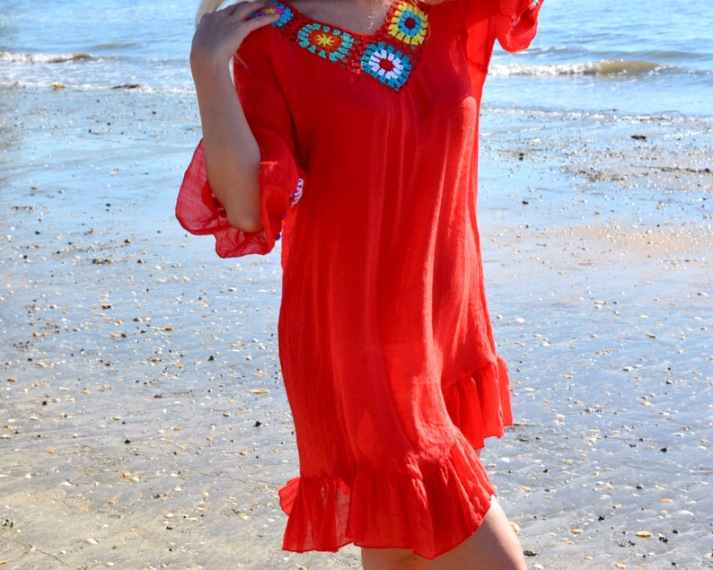 RED CROCHET DRESS beach kaftan style coverup with multi colour trim