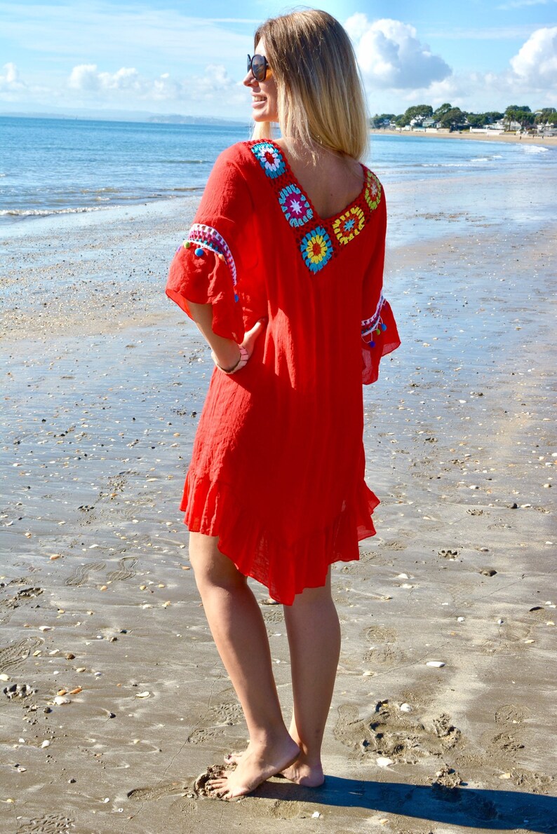 RED CROCHET DRESS beach kaftan style coverup with multi colour trim