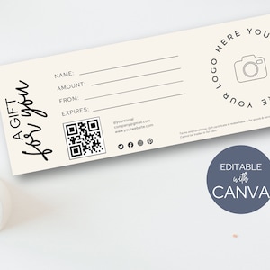 Código QR Certificado de regalo con logo, beige mínimo, para salón, estilista, boutique
