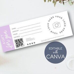 Modèle de chèque-cadeau avec logo et espace de code QR pour un bar à chapeaux de camionneur, un salon de coiffure, un spa, un photographe, un lav imprimable