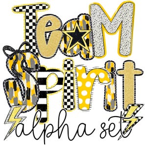 Hand Lettered Alpha Yellow and Gold, Digital Download PNG, Team Spirit alpha Doodle Letters, Sublimation Fonts, Custom Alpha Set, A-Z Design