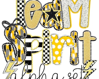 Hand Lettered Alpha Yellow and Gold, Digital Download PNG, Team Spirit alpha Doodle Letters, Sublimation Fonts, Custom Alpha Set, A-Z Design