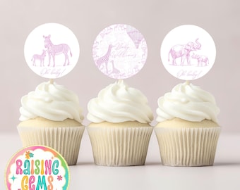 Toile Safari Baby Shower Cupcake Topper, Toile De Jouy, Safari Thema, Elegante Gartenparty, Chinoiserie-Babyparty, Tierbabys