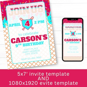 Baseball Ice Cream Drip Invitation, Customizable Birthday Invite, Digital Invitation Drip Theme Invitation, Pink and  Blue Ice Cream