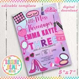 Little Miss Threenager party invitation, makeup birthday, spa day invite, three year old birthday party, girl&#39;s third birthday, 3rd party