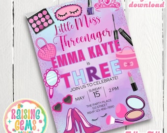 Invitación a la fiesta de la pequeña señorita Threenager, cumpleaños de maquillaje, invitación al día del spa, fiesta de cumpleaños de tres años, tercer cumpleaños de niña, tercera fiesta