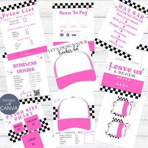 Zestaw znaków dla projektu Trucker Hat Bar Checker, skanowanie kodu QR w celu zapłaty, tabela rozmiarów naszywek, instrukcje dotyczące paska na czapki, szablon cennika, śledź nas