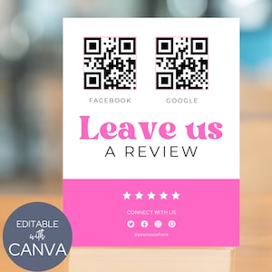 Hinterlassen Sie uns eine Bewertung QR Code Template in pink für Pop Up Shop, Small Business, Salon, Restaurant, Kunden Feedback