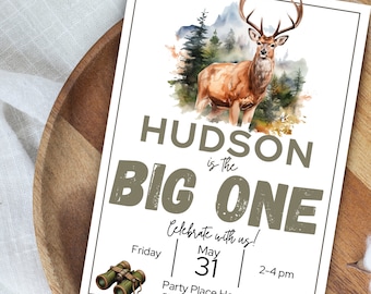 May include: White invitation card with a watercolor illustration of a deer and forest scene. Text reads "HUDSON is the BIG ONE" with event details: Friday, May 31, 2-4 pm. Includes binoculars graphic.