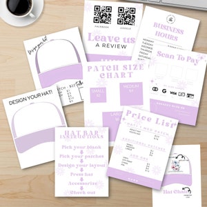 Könnte beinhalten: Eine lila und weiße Hutbar-Designvorlage mit Anweisungen, wie Sie Ihren eigenen Hut gestalten können. Die Vorlage enthält eine Preisliste für Hüte, Patches und Extras. Der Text auf der Vorlage enthält "Hutbar-Anweisungen", "Wählen Sie Ihren Rohling", "Wählen Sie Ihre Patches", "Gestalten Sie Ihr Layout", "Hut pressen", "Accessoires", "Kasse", "Hut 1 Mittelpatch", "Erwachsenenhut", "Jugendhut", "Zusätzliche Patches", "Klein", "Mittel", "Groß", "Zusätzliche Optionen", "Vinyl", "DTF-Druck", "Kette", "Pin", "Huthülle".