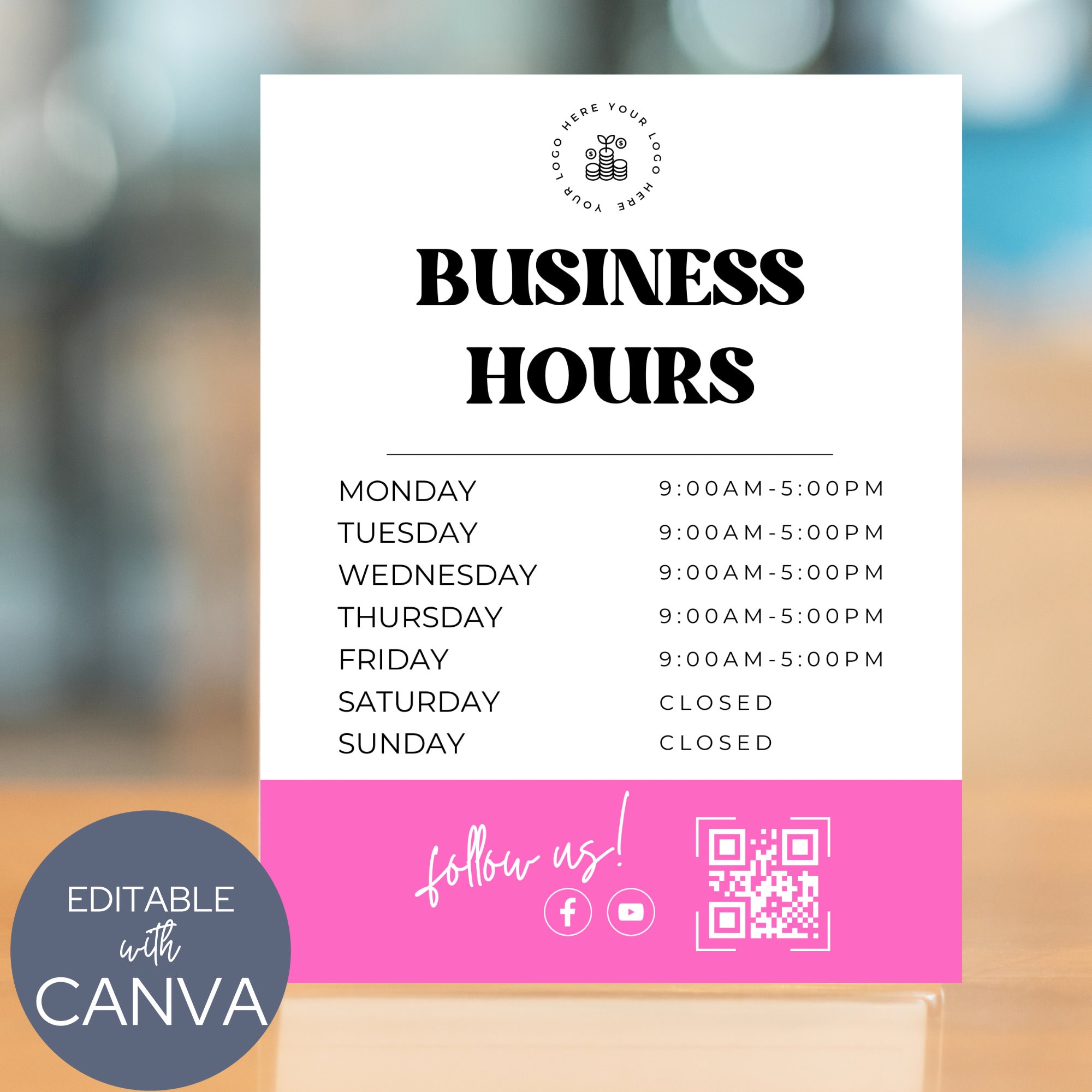 Store Timing Template Simple Store Hours Sign Editable Template in Pink and White Easy to Edit in ...