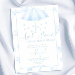 April Showers Bring May Flowers Baby Shower Invitation Dusty Blue, Spring, April Showers Invite, Baby in Bloom Shower, Baby Sprinkle Invite