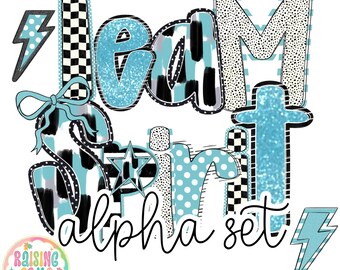 Hand Lettered Alpha teal and black, Digital Download PNG, Team Spirit alpha Doodle Letters, Sublimation Fonts, Custom Alpha Set, A-Z Design