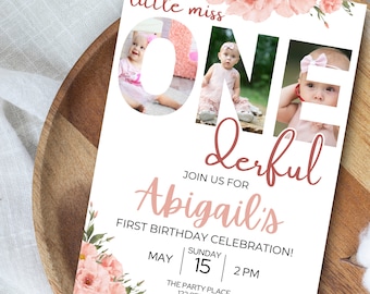 Invitación de cumpleaños de Little Miss Onederful, invitación para el primer cumpleaños, invitación de cumpleaños de Little Miss Wonderful, plantilla floral para el primer cumpleaños