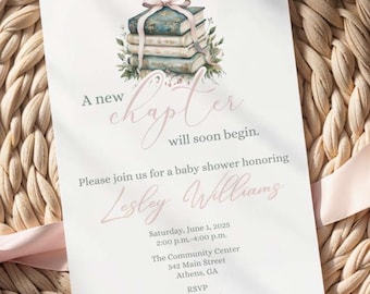 Invitación para baby shower "Un nuevo capítulo pronto comenzará", temática de cuentos, invitación de libro vintage, baby shower de biblioteca, baby shower con temática de libros
