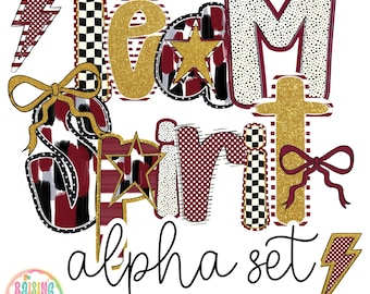 Hand Lettered Alpha maroon and gold, Digital Download PNG, Team Spirit alpha Doodle Letters, Sublimation Fonts, Custom Alpha Set, A-Z Design