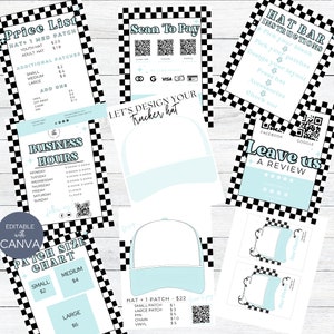 Sign Bundle for Trucker Hat Bar checker design, QR Code Scan to Pay, Patch size chart, hat bar instructions, Pricelist Template, aqua